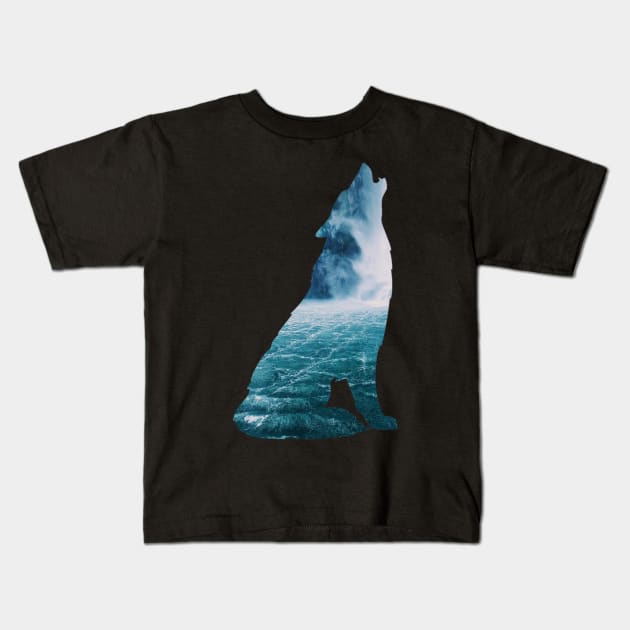 Misty howling wolf seascape Kids T-Shirt by LukjanovArt